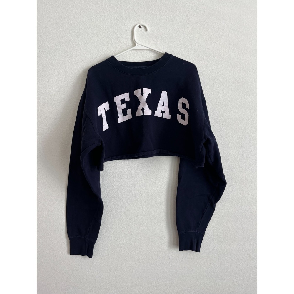 Full Tilt Cropped Sweatshirt Womens Large Blue Cotton Fleece Lined Graphic Texas